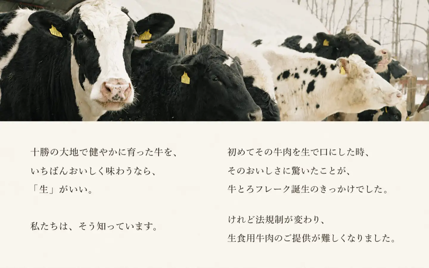十勝の大地で健やかに育った牛を、いちばんおいしく味わうなら、「生」がいい。,私たちは、そう知っています。,初めてその牛肉を生で口にした時、そのおいしさに驚いたことが、牛とろフレーク誕生のきっかけでした。,けれど法規制が変わり、生食用牛肉のご提供が難しくなりました。